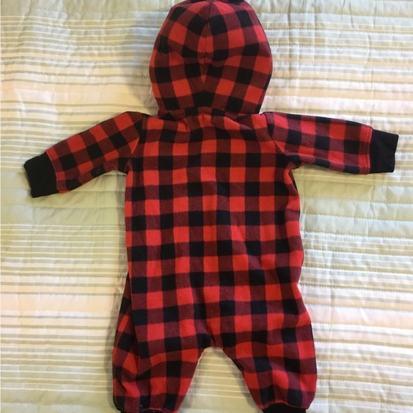 Carters, one piece flannel 3 Month Hooded, snaps. Black and red. Medium weight. - Picture 2 of 4
